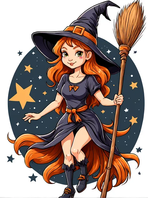 (Cute cartoon style:1.4), masterpiece in maximum 16K resolution, a pretty ginger witch wearing a T-shirt with a beautiful print. | ((The print has an image of a pretty witch)) holding a broomstick. | Simple background. | ((More_Detail))