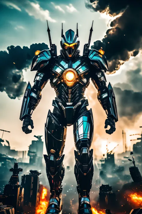 best quality, 32k, RAW photo, incredibly absurdres, extremely detailed, delicate texture, gigantic mechanical warrior 50 meters tall, streamlined body with shiny chrome plating and iridescent jet black parts, weapons and shields, background destroyed city,...