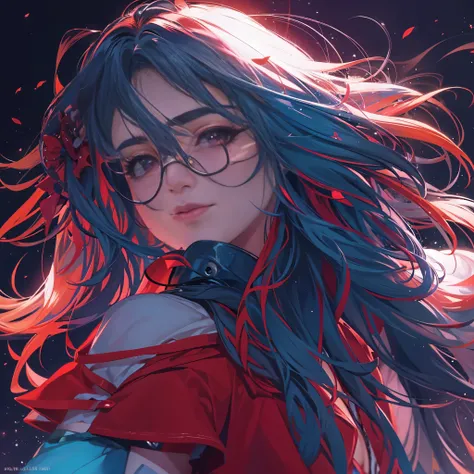 close-up shot, 1 girl,  [red:blue:0.2]hair, sunglasses, best quality, detailed details, masterpiece, official art, movie lighting effects, 4K