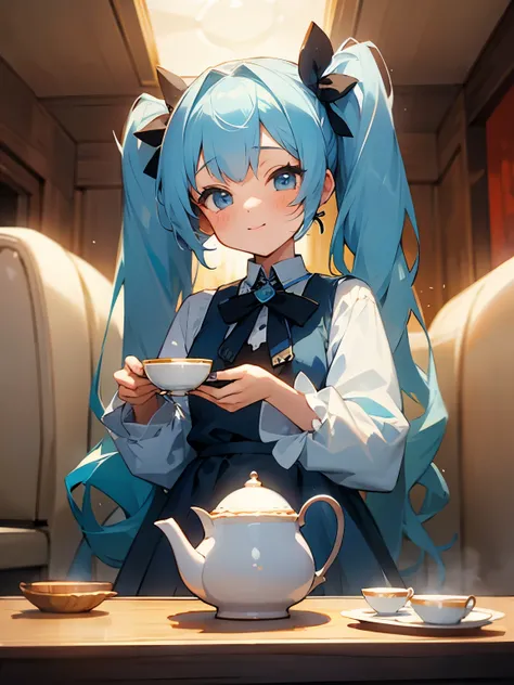 A girl enjoying tea time, twintails, light blue hair, cute