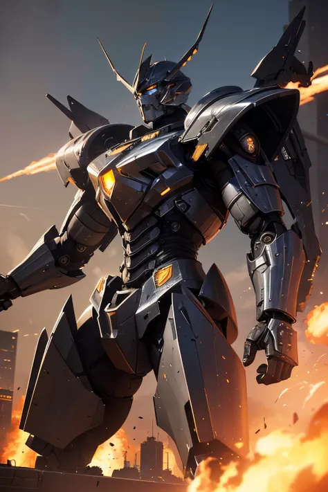 best quality, 32k, RAW photo, incredibly absurdres, extremely detailed, delicate texture, gigantic mechanical warrior 50 meters tall, streamlined body with shiny chrome plating and iridescent jet black parts, weapons and shields, background destroyed city,...