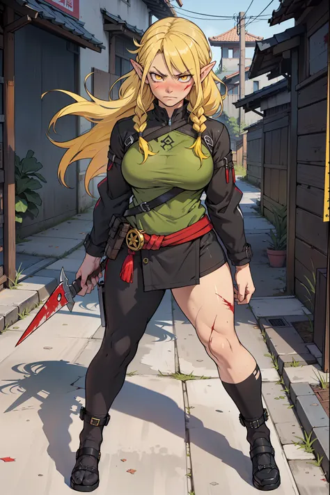 Assasin,full body , weapon in hand,pointy ears,white eyelashes, angry girl muscular girl large breasts, golden yellow eyes,glowing eyes, long hair,braid ,yellow hair,staring eyes, circles around eyes, tired eyes,cool pose , blushing face,chinese outfit, sc...