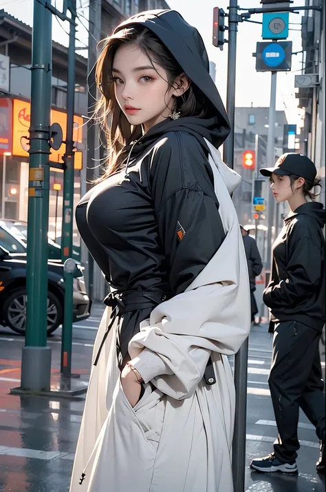 1 girl,(hoodie:1.3),big breasts,  outdoor,street,architecture, cowboy shooting,Naked trench (huge breasts:1.2),wet skin（（rogue））Cool atmosphere