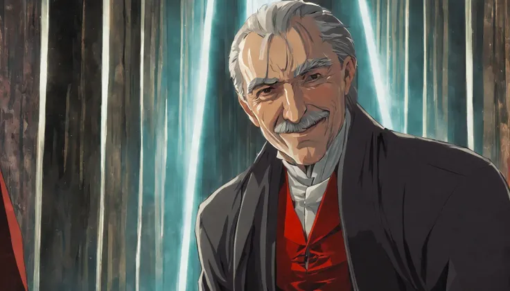 an old man light smile, vampire dressing suid, by alfons mucha, conceptual art, anime, anime, gothic art, depth of field, cinema...