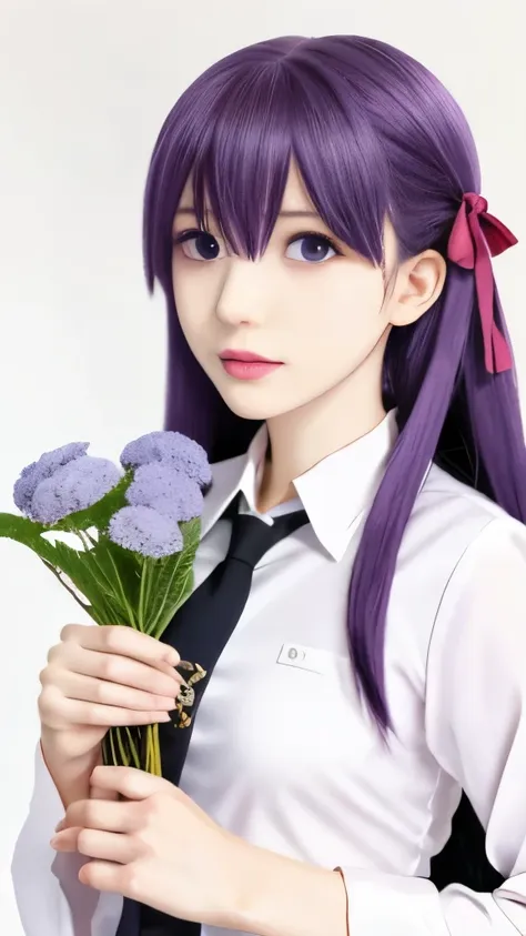 anime girl holding a bouquet of flowers in her hand, misato katsuragi, iwakura lain, yuyushiki, hinata hyuga, close up iwakura l...