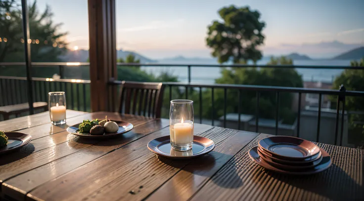 There is a table set with plates and placement settings, Quiet and peaceful style, Unreal Engine ; romantic theme, beautiful place, unreal 5 engine highlly render, Cozy and peaceful atmosphere, quiet and serene atmosphere, beautful view, beautiful setting,...