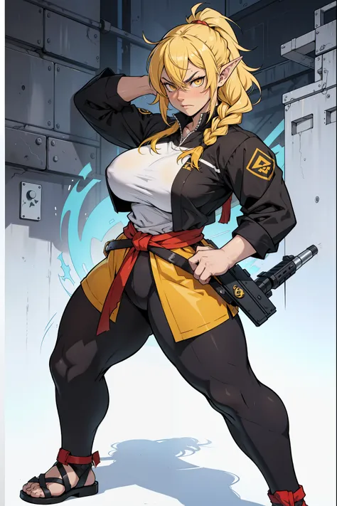 Assasin,full body ,pointy ears,white eyelashes, fithing pose, fiting stance, angry girl muscular girl large breasts, golden yellow eyes,glowing eyes, long hair,braid ,yellow hair,staring eyes, circles around eyes, tired eyes,cool pose , blushing face,chine...