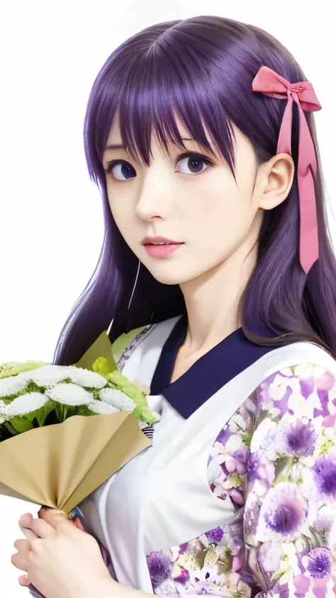 anime girl holding a bouquet of flowers in her hand, misato katsuragi, iwakura lain, yuyushiki, hinata hyuga, close up iwakura lain, anime moe artstyle, hana yata, mai yoneyama, deity of hydrangeas, anime style like fate/stay night, close up of iwakura lai...