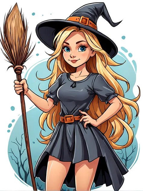 (Cute cartoon style:1.4), masterpiece in maximum 16K resolution, a pretty blonde witch wearing a T-shirt with a beautiful print. | ((The print has an image of a pretty witch)) holding a broomstick. | Simple background. | ((More_Detail))