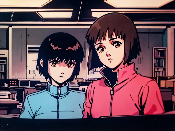 2girls, (moody lighting), 80s movie, brown eyes, retro style like ghost in the shell, serial experiments lain girl, retro computer full of cables room, (tonge out), 4:3 image. Dark place. Portrait anime. Full details. Retro 90s colors. VHS effect on the po...