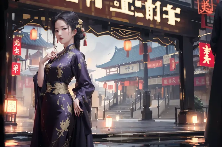 liuyifei, 1girl, solo, purple tradition chinese dress, hand on hip, flat chest, cityscape, simple background, white background,