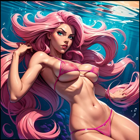 best quality, masterpiece, ultra high res, 2d cartoon, comic, bright colour, female, ultra large breast, very long pink hair, tiny pink see through bikini, front view, under water, 