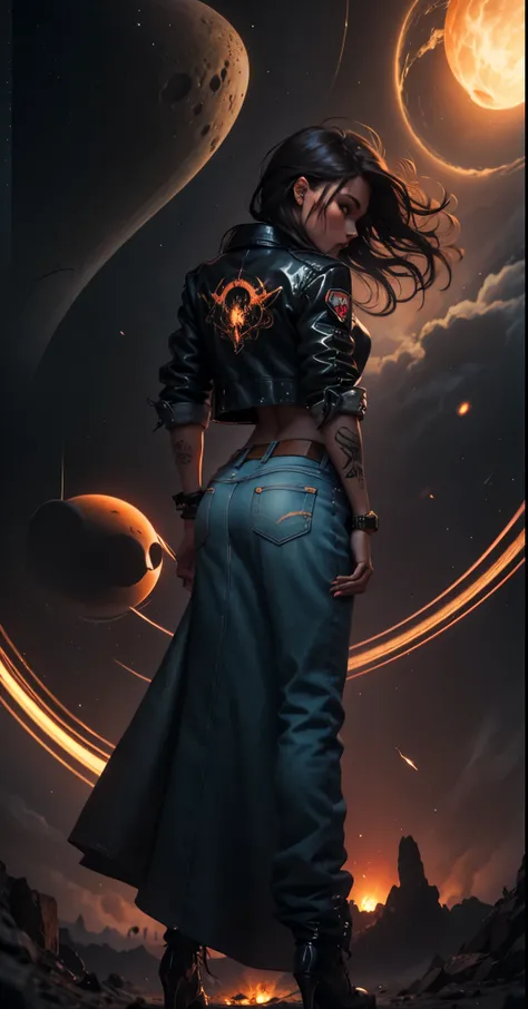 Tall Tough tattooed biker chick with two strong legs dancing swirling twirling almost collapsing on Saturns moon Calisto, looking like a creation that could actually survive there, wearing black leather graphics jacket and long leather-like denim dress tha...