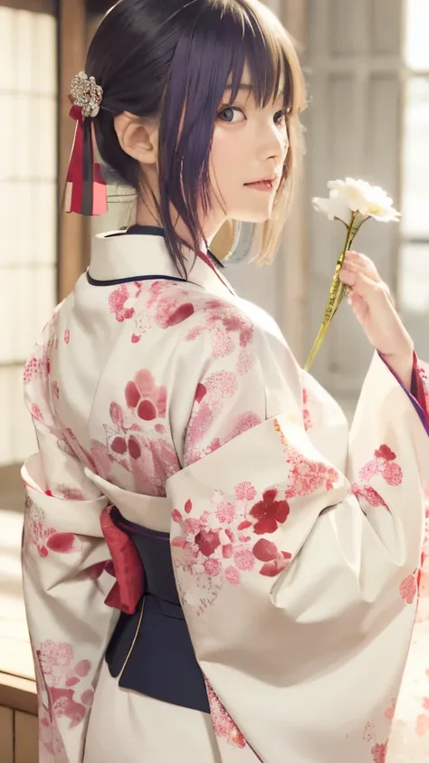 a close up of a person in a kimono outfit holding a flower, inspired by nishikawa sukenobu, in kimono, pale and coloured kimono,...