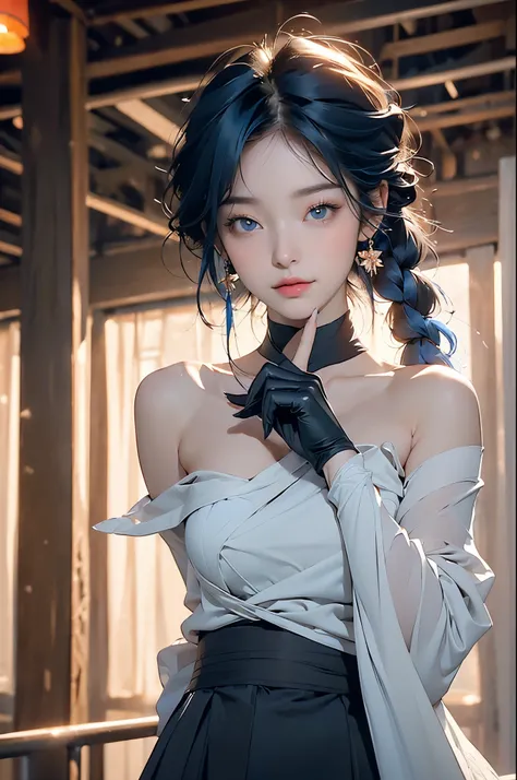 (photoactual:1.4), (masterpiece, side light, Delicate and beautiful eyes: 1.2), masterpiece*portrait, actual, 3D 脸, 
employment (Genshin Impact), 1 girl, ahog, architecture, Bangs, bare shoulders, bell, black Gloves, black pantyhose, (blue hair), blush, br...