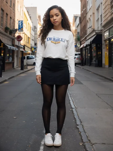 photo image, full body image, feet in view, light skinned mixed race African American woman, wavy hair, preppy attire, tights, no shoes