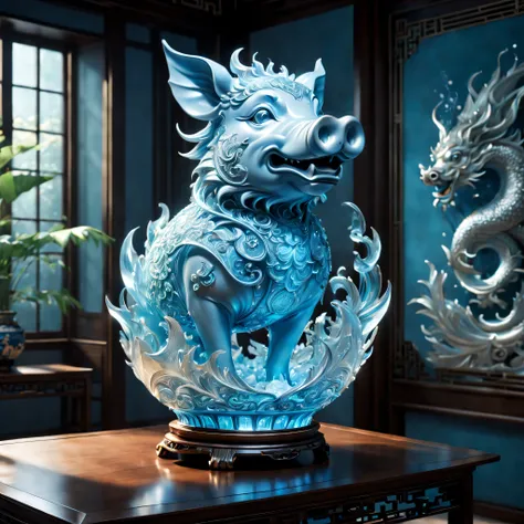 A dragon pig is displayed in an empty room, RococoStyle, Crystal nuclei, Realistic light depiction, interesting and complex, light blue, hidden academia, World pattern,The body of the vase is illuminated by light, RococoStyle, futuristic elements, Crystal ...