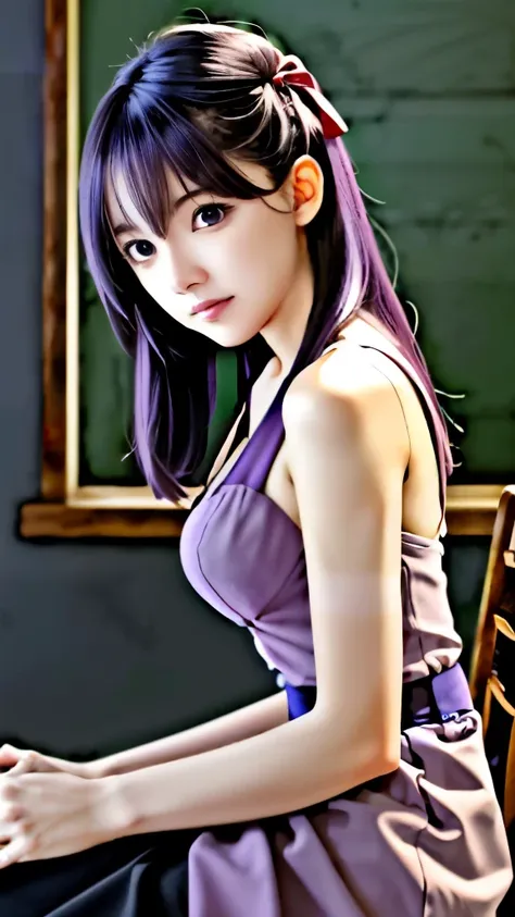 anime girl with purple hair and a pink dress sitting on a chair, misato katsuragi, iwakura lain, anime style like fate/stay night, gapmoe yandere, close up iwakura lain, anime moe artstyle, yuyushiki, as an anime character, in the anime film, anime visual ...