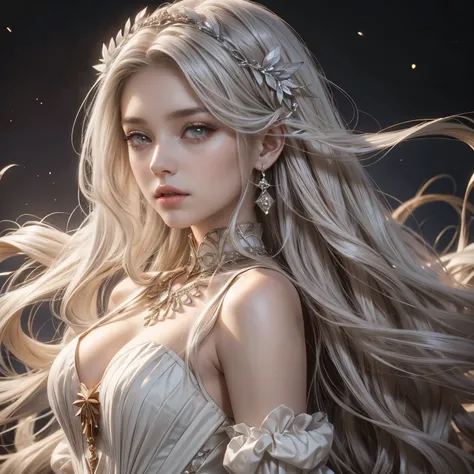 wavy long hair, brown hair,The tips of the hair are yellow,albino,gray eyes, 1 girl, pure white skin, pink lips, Silver dress,Beautiful women in the Middle Ages,greek goddess、pure white diamond hair ornament