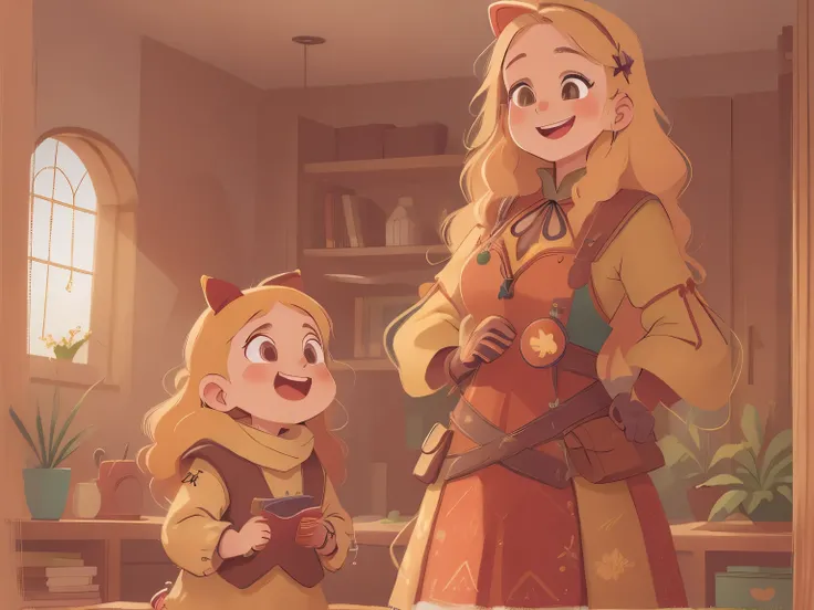 [[[Ultra-detailed, best quality, beautiful, 4K, detailed faces, medieval story]]], ((((happy, squinted smile))), mother standing in the living room, blond hair, ((standing) ), bust close-up, housewife outfit, natural hands, colorful childrens book illustra...