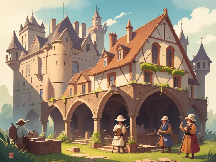 High definition, detailed, ultra detailed,Medieval Europe, medieval clothing, (The craftsmen are busy building a magnificent palace:1.5), watercolor, medieval style,