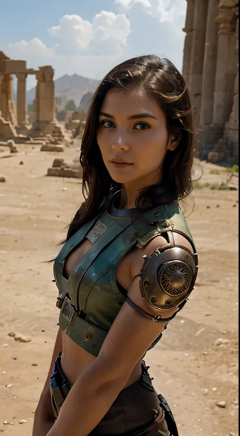 Beautiful bionic girl, on another planet, archaeologist, ancient ruins