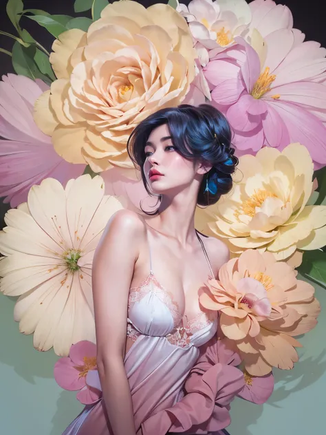 chiaroscuro technique on sensual illustration of an elegant , retro and vintage ,silky flower around body, matte painting, by Hannah Dale, by Harumi Hironaka, extremely soft colors, vibrant, pastel, highly detailed, digital artwork, high contrast, dramatic...