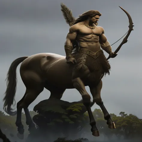 create an image of a centaur, a mythological being with the upper body of a man - including head, torso and arms, displaying defined and athletic musculature, and the lower body of a horse, with four powerful legs and a majestic bearing. This centaur must ...