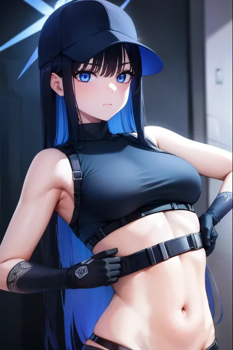 saorijoumae, saori joumae, blue eyes, blue hair, halo, long hair, mask, mouth mask,
BREAK bare arms, bare shoulders, belt, black headwear, black pants, black shirt, blue gloves, crop top, gloves, leggings, midriff, navel, pants, shirt, sleeveless, sleevele...