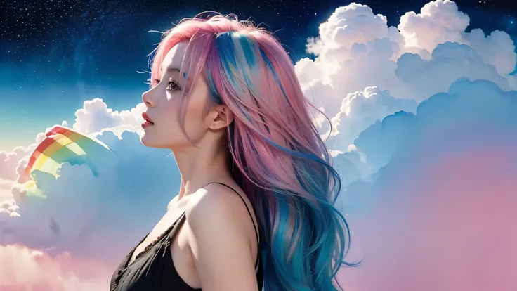 (masterpiece, top quality, best quality,watercolor (medium),official art, beautiful and aesthetic:1.2),(1girl:1.3), (fractal art:1.3),upper body, from side, looking at viewer,patterns,(rainbow color Hair,colorful hair,half blue and half pink hair:1.2),wate...