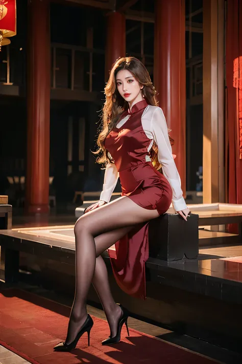 wavy hair，heavy makeup，red lips，cheongsam long skirt，clear silk pantyhose，black stiletto heels，mature，through bangs，中国ancient bu...