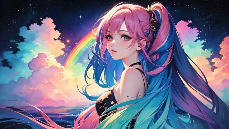 (masterpiece, top quality, best quality,watercolor (medium),official art, beautiful and aesthetic:1.2),(1girl:1.3), (fractal art:1.3),upper body, from side, looking at viewer,patterns,(rainbow color Hair,colorful hair,half blue and half pink hair:1.2),wate...