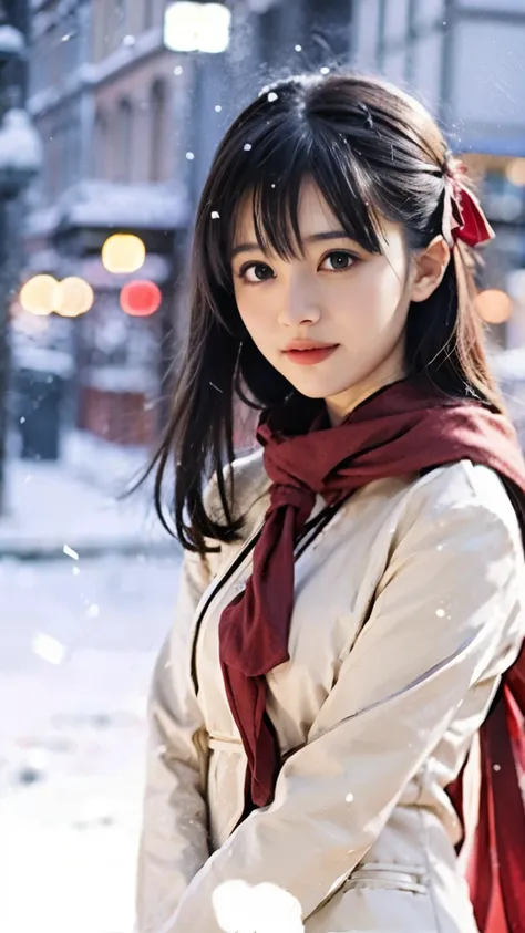 anime characters in a winter scene with snow falling, misato katsuragi, anime style like fate/stay night, anime visual of a cute...