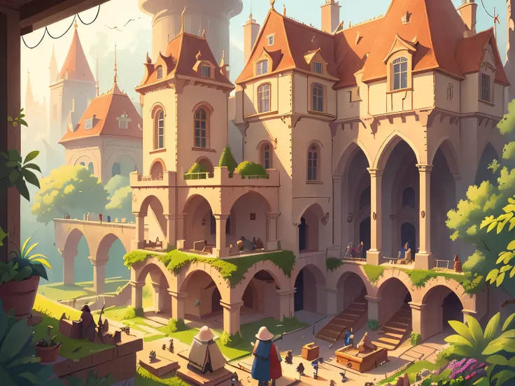 (The craftsmen are busy building a magnificent palace:1.5), High definition, detailed, ultra detailed,Medieval Europe, medieval clothing, watercolor, medieval style,