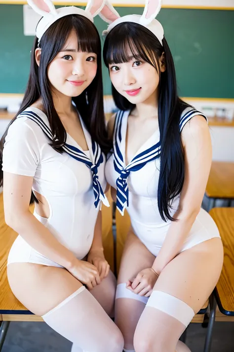 2 girls in classroom,white sailor swimsuit,white bunny ears headband,white sheer leggings,18-year-old,bangs,a little smile,thighs,knees,straight hair,from below,front-lighting