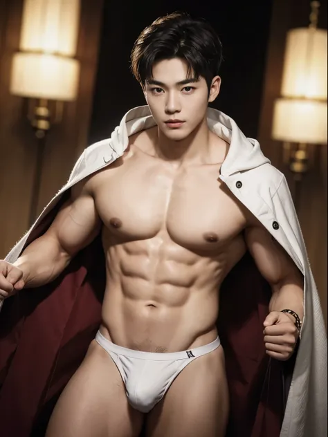 realistic, masterpiece, intricate details, detailed background, depth of field, muscular, Photo of a handsome Korean magician, (Young Korean man looking like a K-pop idol), 25 years old, (white and short hair), voluptuous crotch, fire spell, sorcerer, wear...