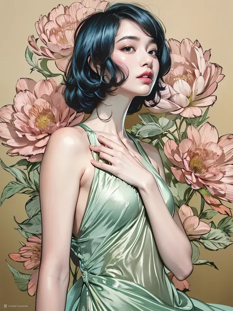 chiaroscuro technique on sensual illustration of an elegant , retro and vintage ,silky flower around body, matte painting, by ha...