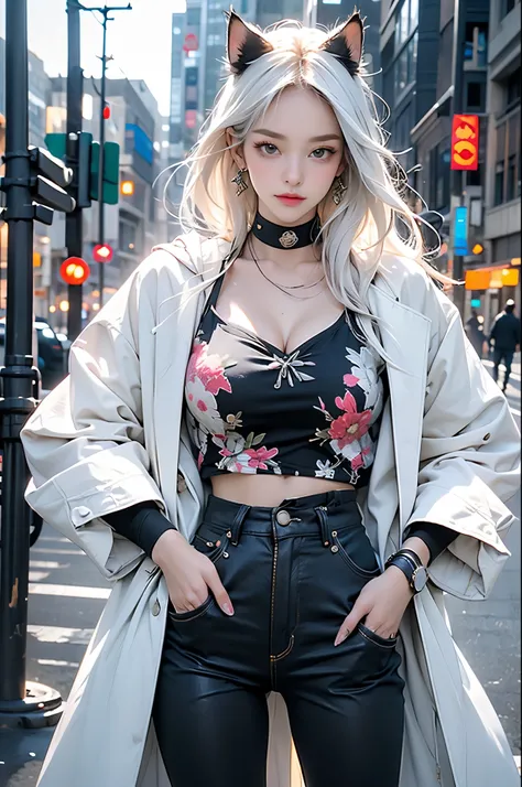 1 girl,  breasts in, Stitched face, Patchwork of skin, Keep your mouth shut, long hair, Poker face, City, street, white hair, Stitched face, Patchwork of skin, cowboy shooting, ( hoodie), (hands in pockets), Open white coat, in, She wears short black sleev...