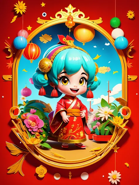 现代女孩和可爱的Chinese dragon，Chinese dragon爪，Chinese dragon尾，Chinese dragotomically correct，Girl wearing traditional Chinese clothes，Smile happily，Cartoon image，full body portrait，festive background，(Vision:1.5)