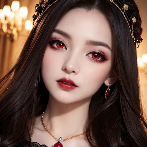 highest quality、masterpiece、8K、Award-winning work、hyper realism、vampire princess、perfect vampire、恐ろしいvampire princess、Natural forehead、Spooky、white skin、evil makeup、(Close-up photo of the face)、(Composition that perfectly fits the face)、beautiful professio...