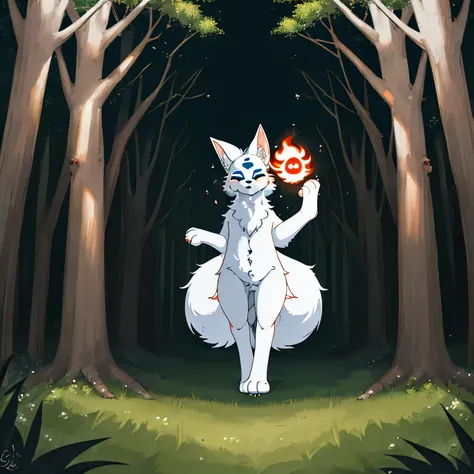 A white fox, spiritual mask Floating in front of her, (feral body:1.2), (animal body:1.1), feral, Fox body, white fur, long tail, 4 paws, 4 paw on the ground, in the forest, high details, high quality, masterpiece anime style, art by gogalking