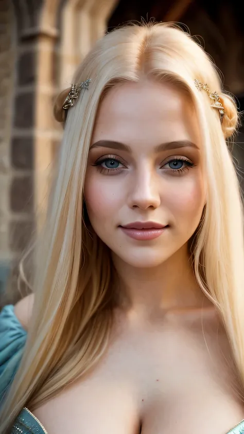 (portrait photography), nice 25 year old, Close-up of Samara Weaver as a medieval fantasy prostitute, pale blonde long hair, large single long blade, adult, medieval fantasy prostitute enemy clothes, Intelligent appearance, Detailed charming smile, In a bi...