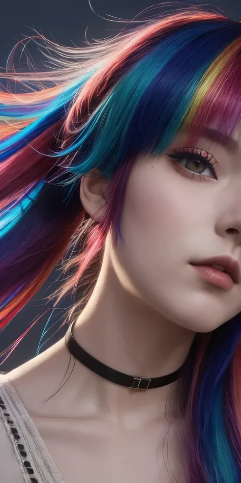 multicolored hair, hair ribbon, Surrealism, cinematic lighting, close-up, UHD, high details, masterpiece  