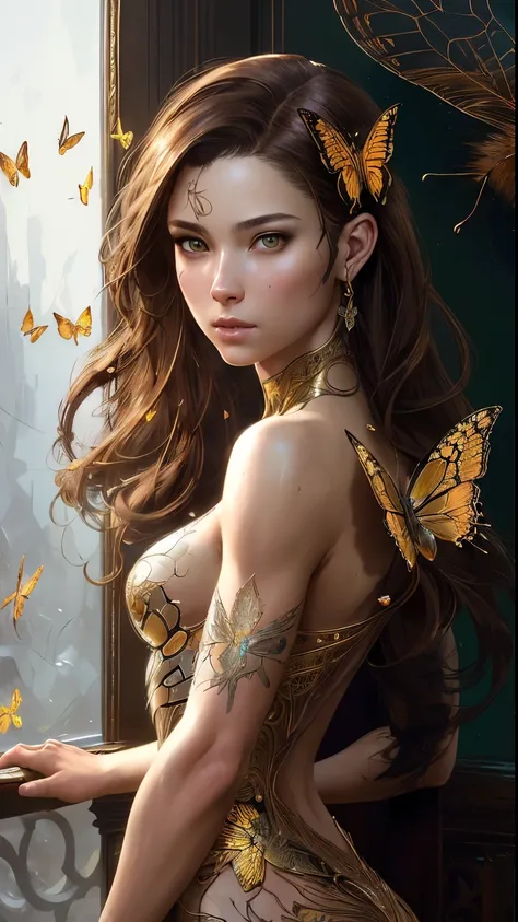 8k portrait of beautiful cyborg with brown hair, intricate, elegant, highly detailed, majestic, digital photography, art by artgerm and ruan jia and greg rutkowski surreal painting gold butterfly filigree, broken glass, (masterpiece, sidelighting, finely d...