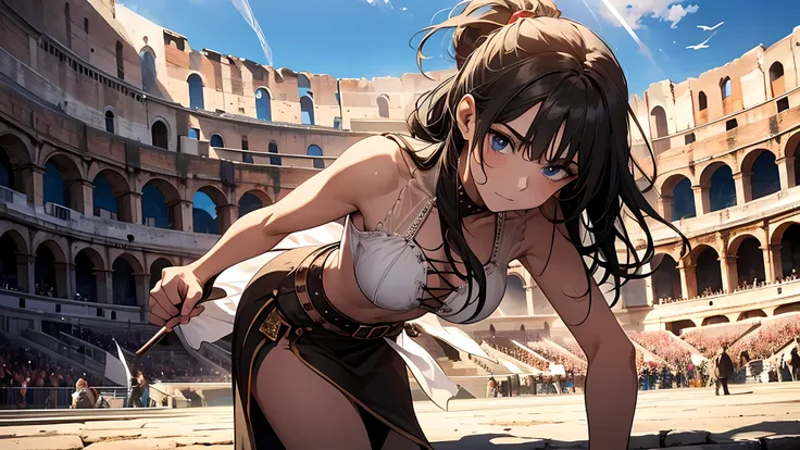 Get caught in intense moments at the Greek Colosseum. When she swings her fist, The luster of her skin and her detailed features stand out, torn clothes, The background is vibrant with strong sunlight, Showcase a Colosseum packed with spectators. in collos...