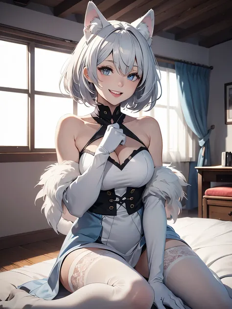 table top　High level image quality　best image quality　8K　 adult woman　full body portrait　white long gloves　white pantyhose　　White wolf ears　short hair（（shortcut）（gray hair）（perm）（fluffy））　eye color is blue　Face seducing（（laughter）（smile）（open your mouth））　...