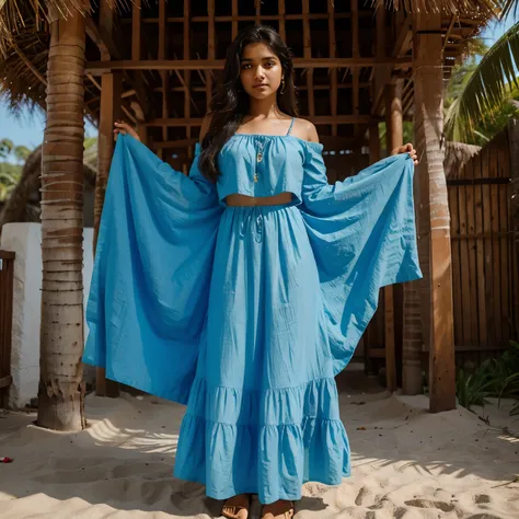 Indian girl with full body covered dress in beach party , long skirt , blue clothes 