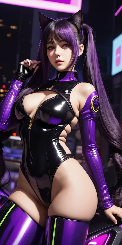 (masterpiece),(best quality),extreamly delicate and beautiful,illustration,((perfect female figure)),mature female,1 rider girl,i:p masquerena, bodysuit,black very long hair,twintails, purple eyes, cyberpunk  city background,cat ears helmet,