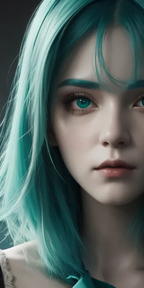 teal and green hair, hair ribbon, Surrealism, cinematic lighting, close-up, UHD, high details, masterpiece  