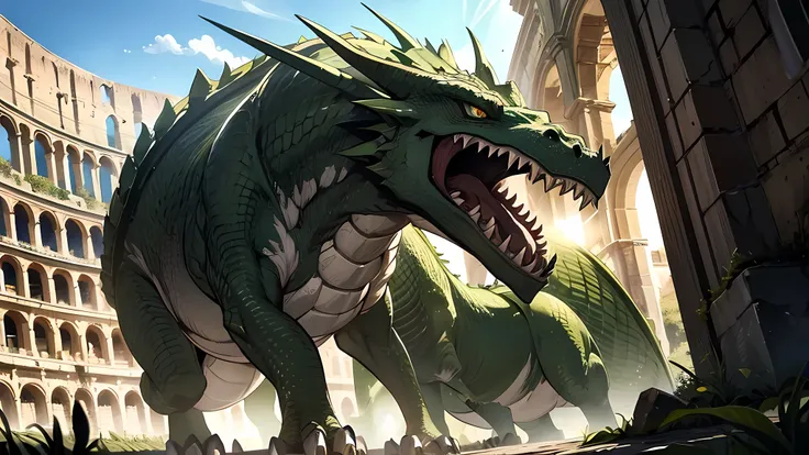 green dragon, in center colloseum, medieval times, gladiator, Its slimy, green scales were flickering in the sunlight. It was a large dragon, sharp teeth, menacing